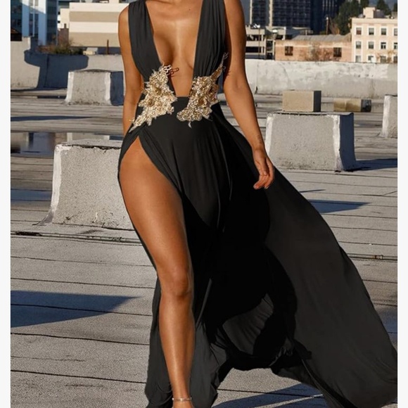 Sexy Deep V Neck Maxi Dress High Slit Embroidery Long Evening Dress - Picture 1 of 3